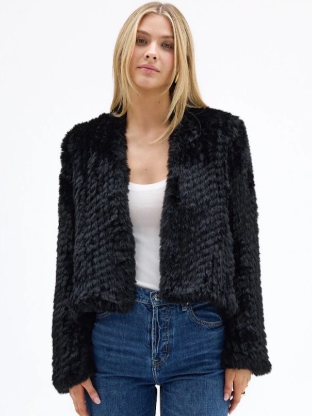 Style & Co. Black Faux Fur Open-Front Cropped Jacket